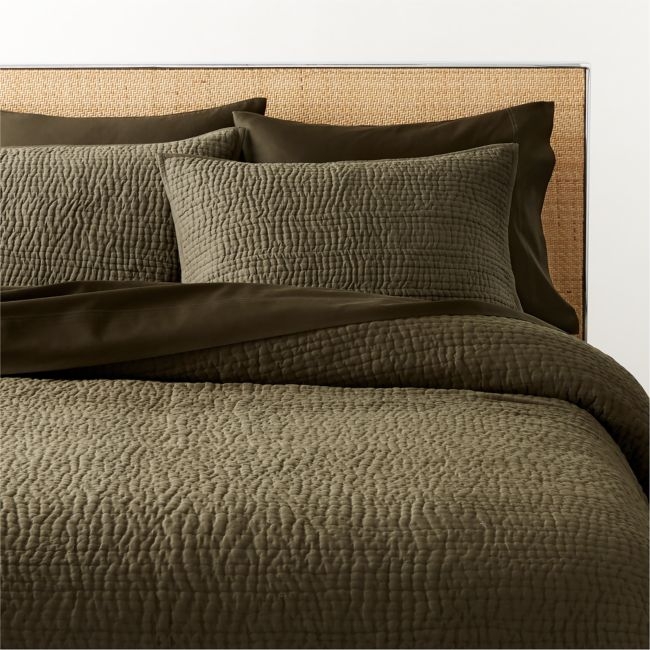 Stitched Organic Cotton Sateen Dark Green King Quilt - Image 0