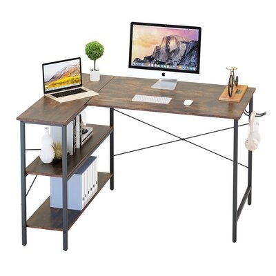 L Shape Writing Table Desk Metal And Wood Computer Desk PC Laptop Table Industrial Corner Desk Table With 2 Tier Open Shelves And Freely Installed Hook Black And Brown - Image 0