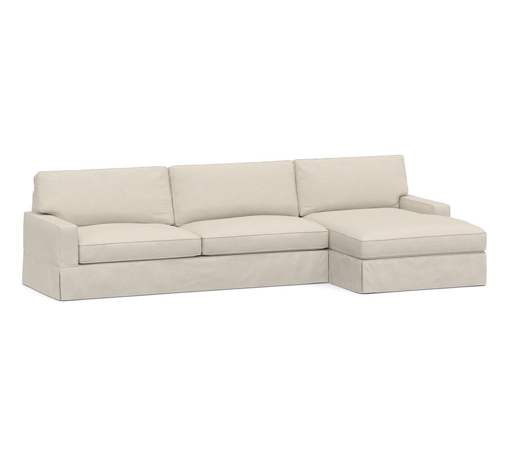 PB Comfort Square Arm Slipcovered Left Arm Sofa with Wide Chaise Sectional, Box Edge, Down Blend Wrapped Cushions, Performance Slub Cotton Stone - Image 0