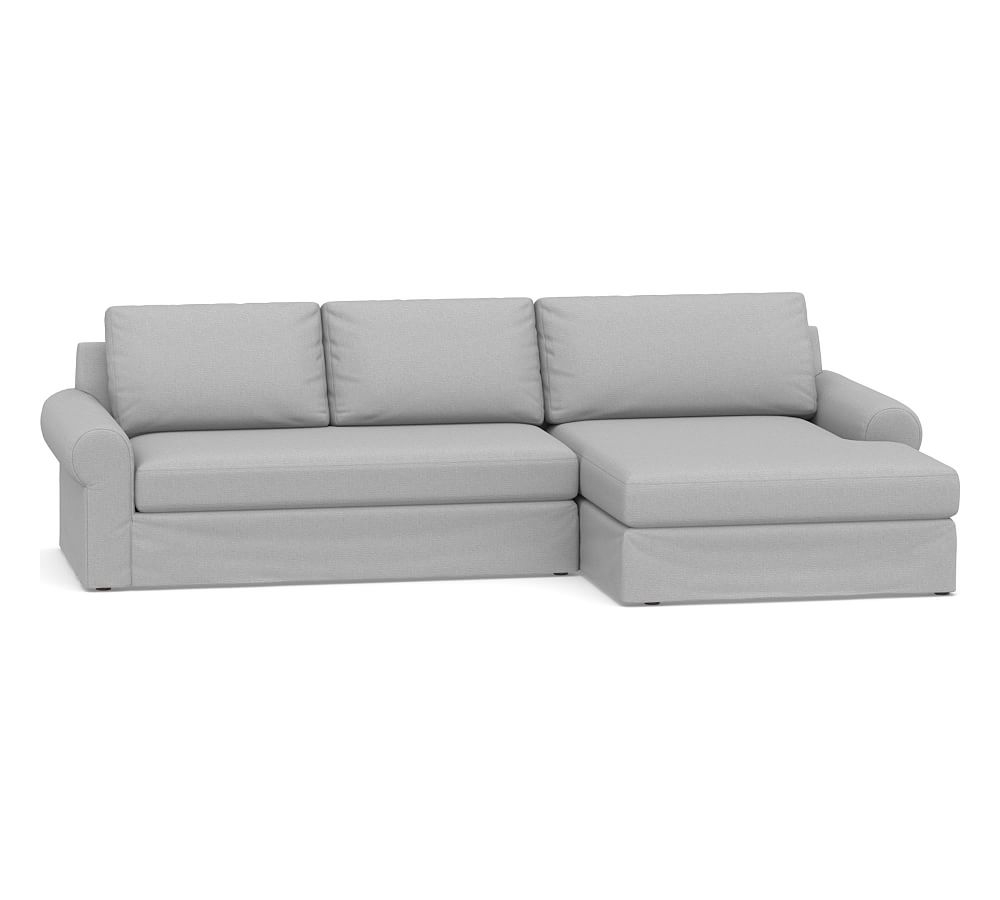 Big Sur Roll Arm Slipcovered Left Arm Loveseat with Double Chaise Sectional and Bench Cushion, Down Blend Wrapped Cushions, Brushed Crossweave Light Gray - Image 0