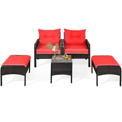 Breakwater Bay 5pcs Patio Set Sectional Rattan Wicker Furniture Set W/ Red Cushion - Image 0