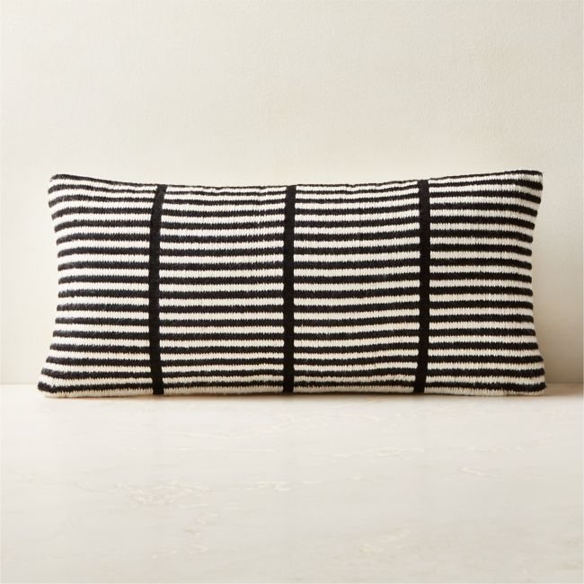 Stria Black and White Woven Silk Lumbar Pillow with Down-Alternative Insert 23''x11'' by Ackerman - Image 0