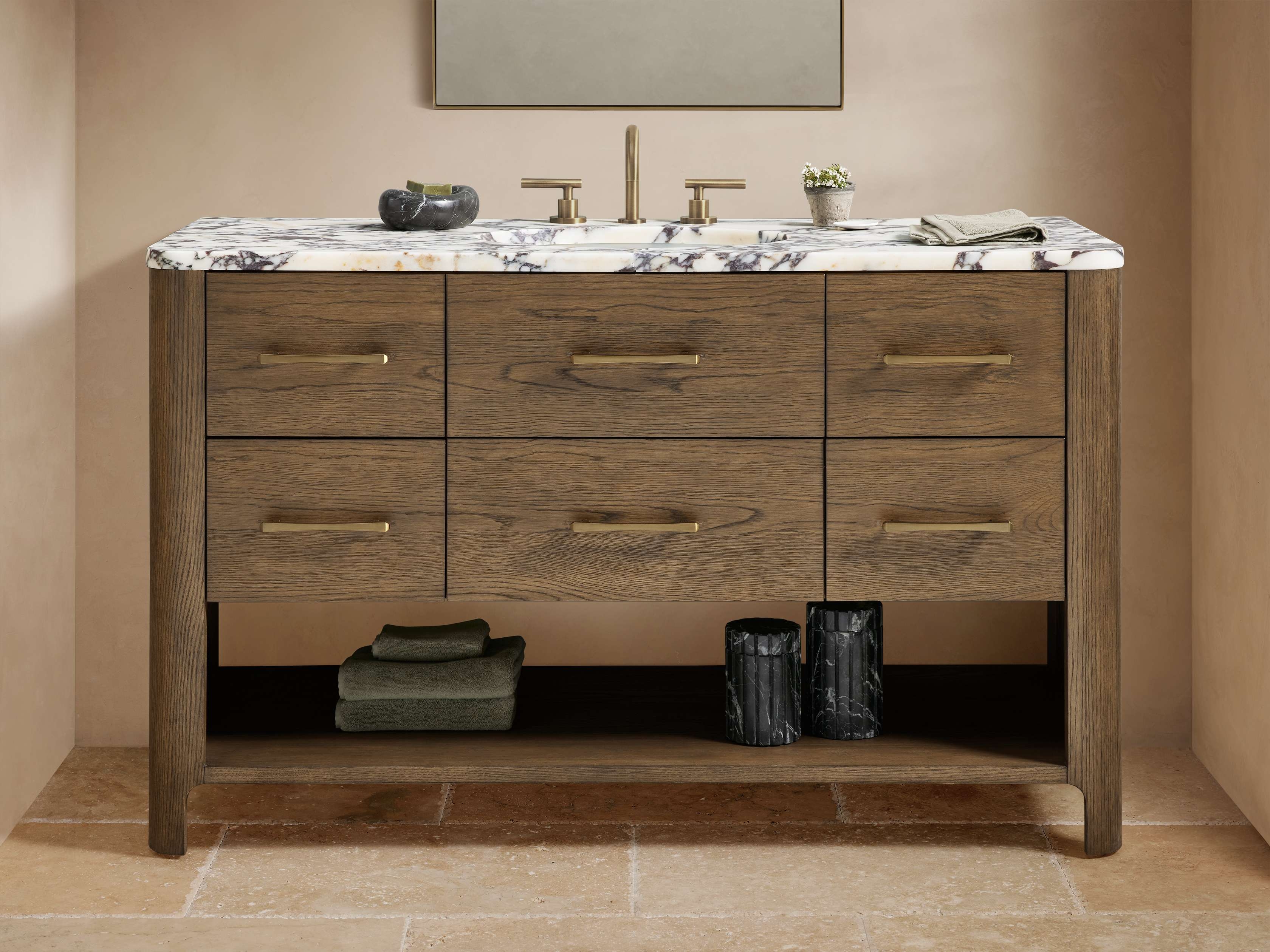 Calista Wide Single Vanity in Wood Brown  Calacatta Viola/Cocoa Brass - Image 0