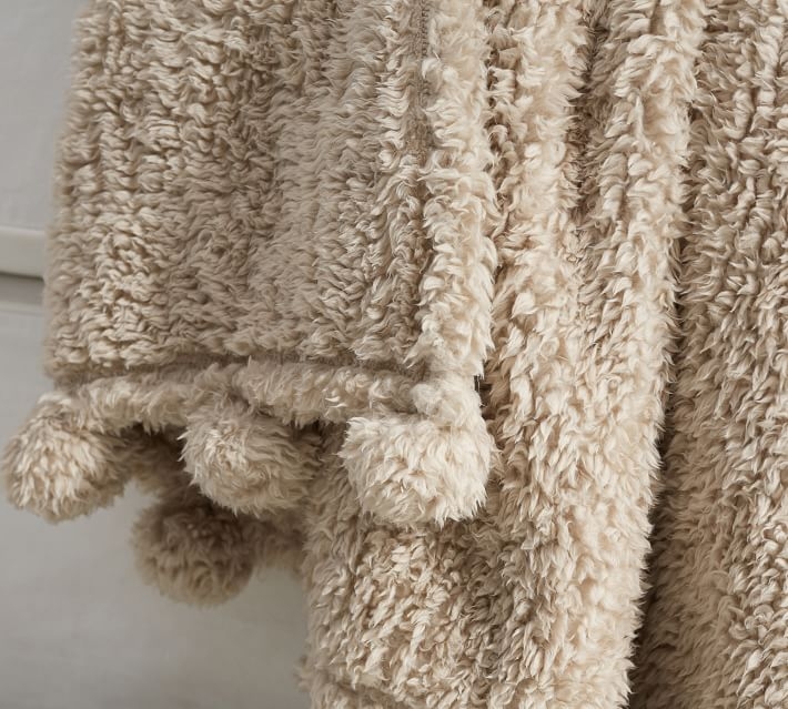 Cozy Pom Pom Sherpa Throw Blanket, 50 x 60", Light Khaki - Image 2