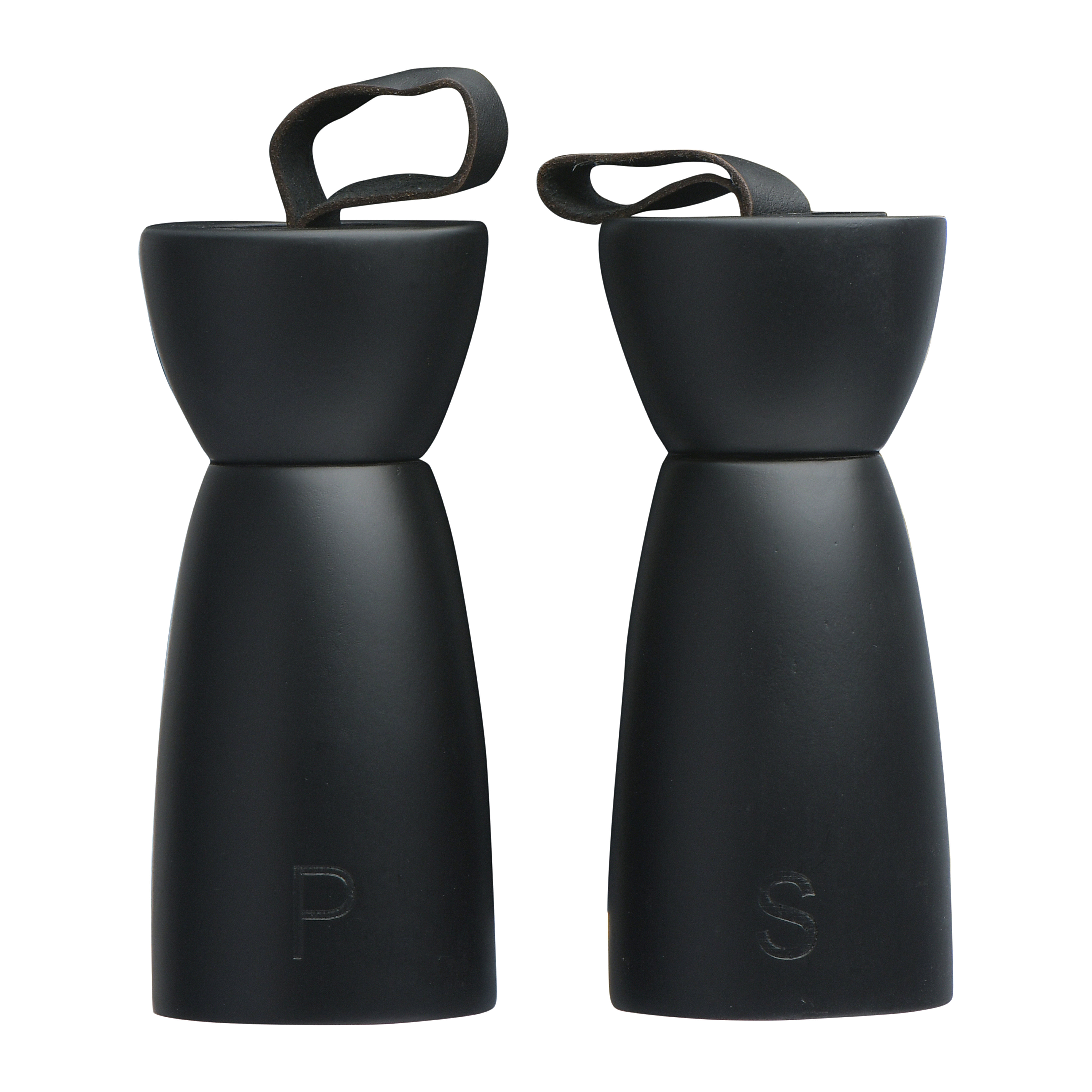 Black Rubber Wood Salt/Pepper Mill with Leather Handle (Set of 2) - Image 0