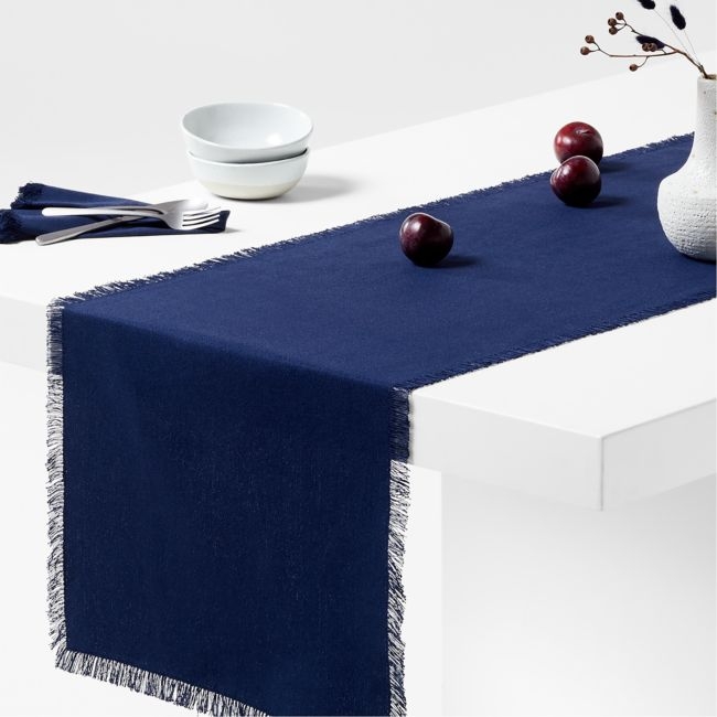 Craft 120" Deep Indigo Organic Cotton Fringe Table Runner - Image 0