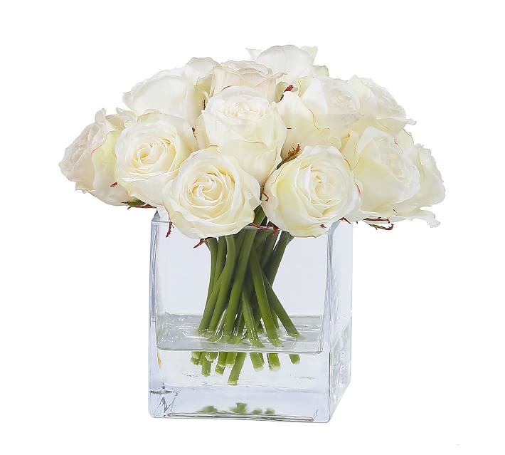 Faux Pure White Roses in Square Glass Vase - 9" - Image 0