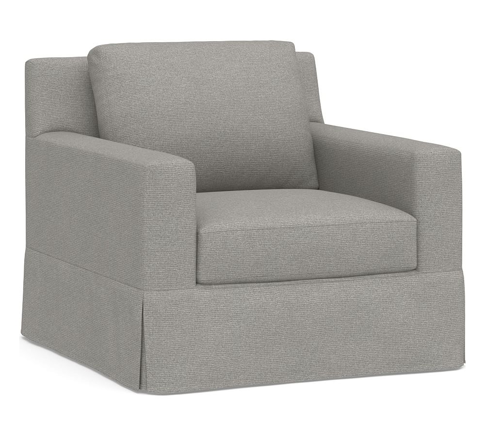 York Square Arm Slipcovered Swivel Armchair, Down Blend Wrapped Cushions, Performance Heathered Basketweave Platinum - Image 0