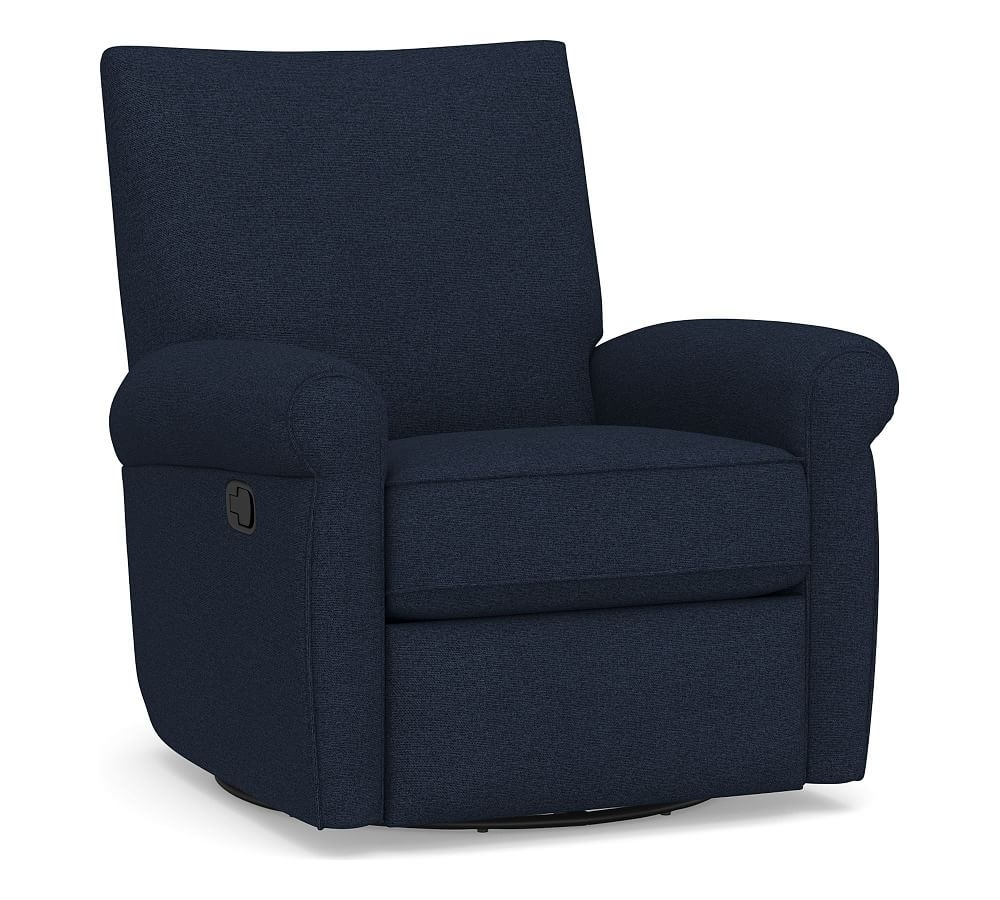 Grayson Roll Arm Upholstered Swivel Recliner, Polyester Wrapped Cushions, Performance Heathered Basketweave Navy - Image 0