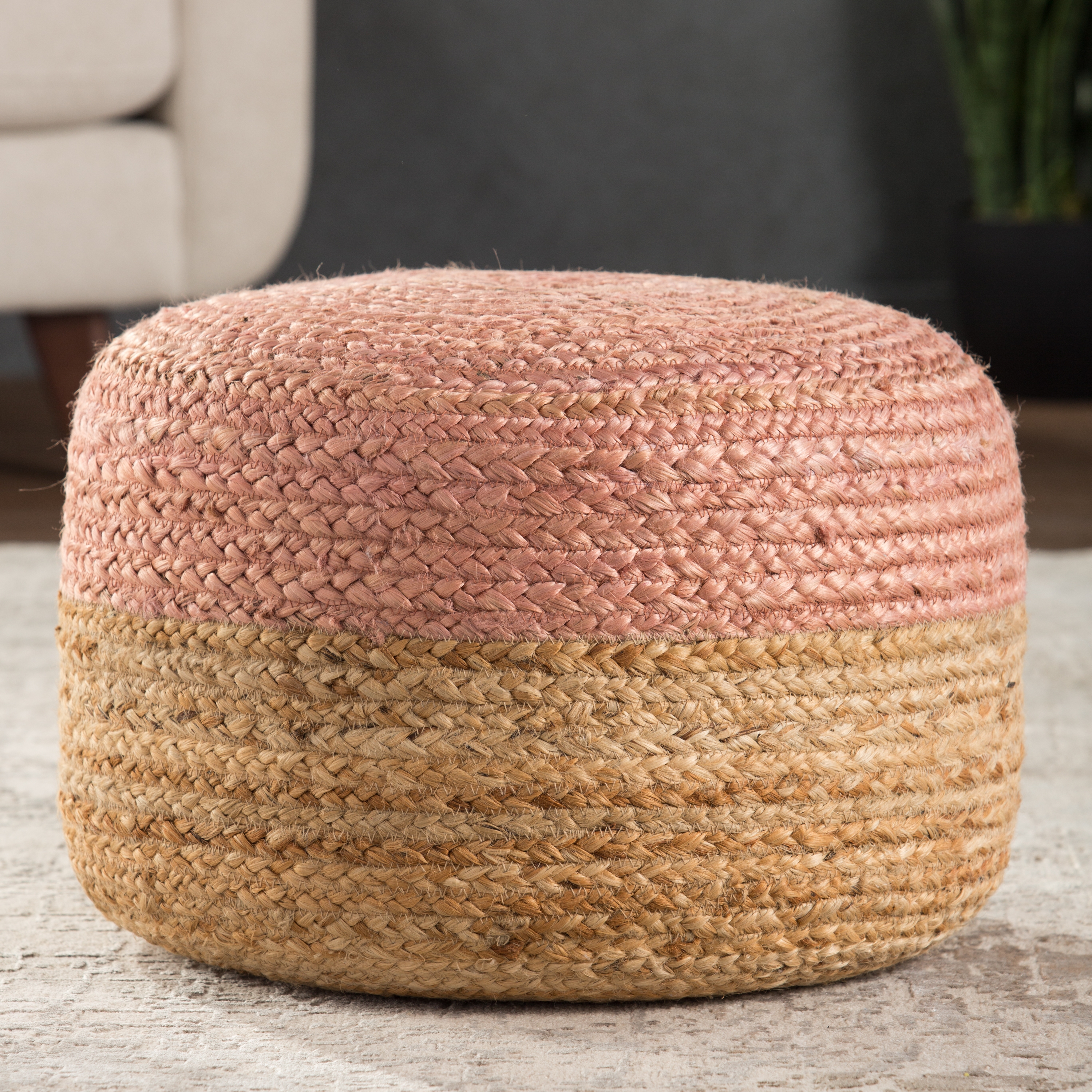 Oliana Ombre Beige/ Light Pink Cylinder Pouf - Image 1