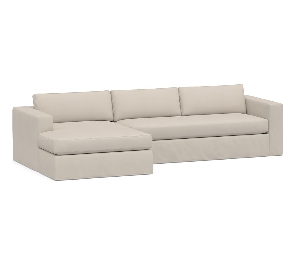 Carmel Square Arm Slipcovered Right Arm Sofa with Double Chaise Sectional and Bench Cushion, Down Blend Wrapped Cushions, Performance Twill Stone - Image 0