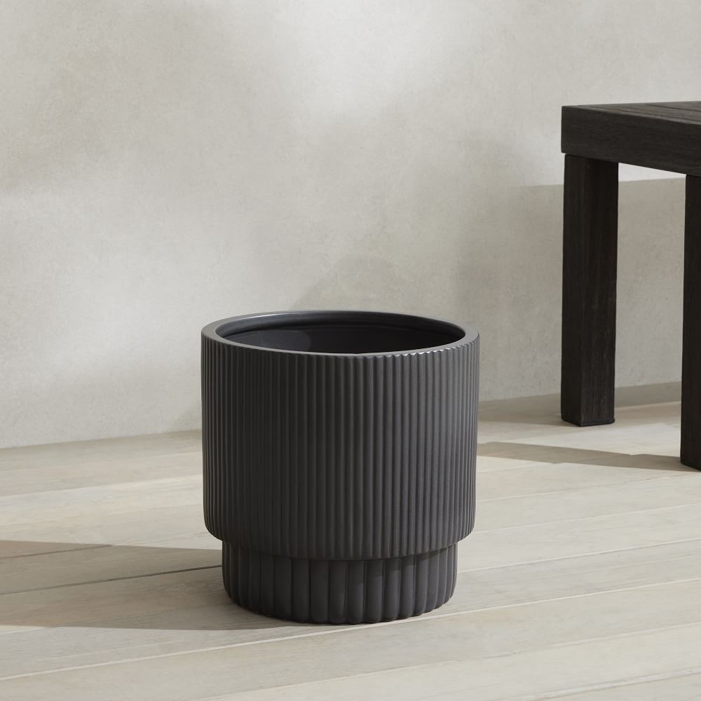 Fluted Ceramic Indoor/Outdoor Floor Planter, 12"D x 12"H, Black - Image 0