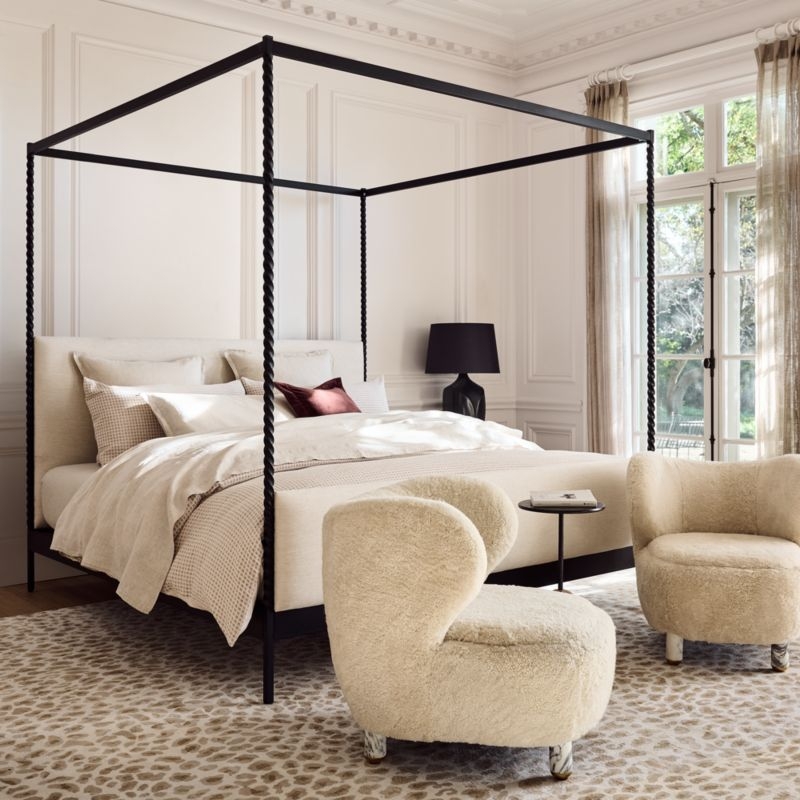 Amani Hand-Forged Steel Framed Warm White Upholstered Canopy Queen Bed - Image 1