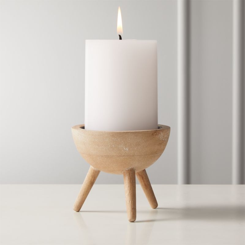Russell Half Sphere White Wash Wood Pillar Candle Holder - Image 2