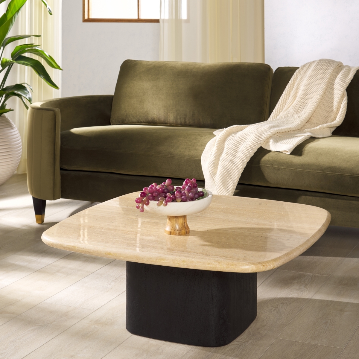 Celestyn Square Trav Coffee Table - Travertine/Black - Image 1