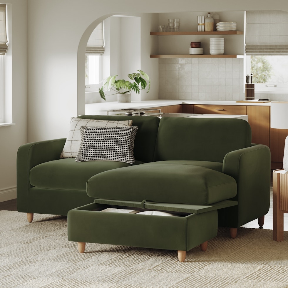 Vati 80" Velvet Right Storage Sectional -  Natural Oak and Hale Fir Green - Image 1