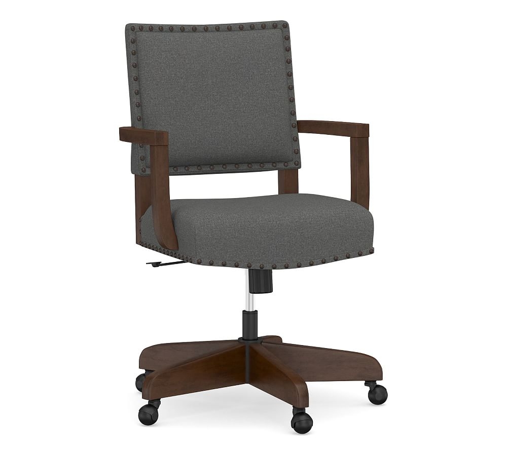 Manchester Upholstered Swivel Desk Chair, Espresso Frame, Park Weave Charcoal - Image 0