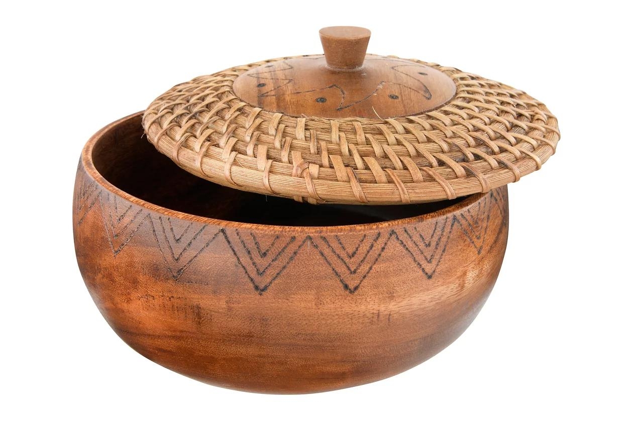 Round Woven Rattan & Acacia Wood Container with Lid & Burned Design, 9.5" - Image 4
