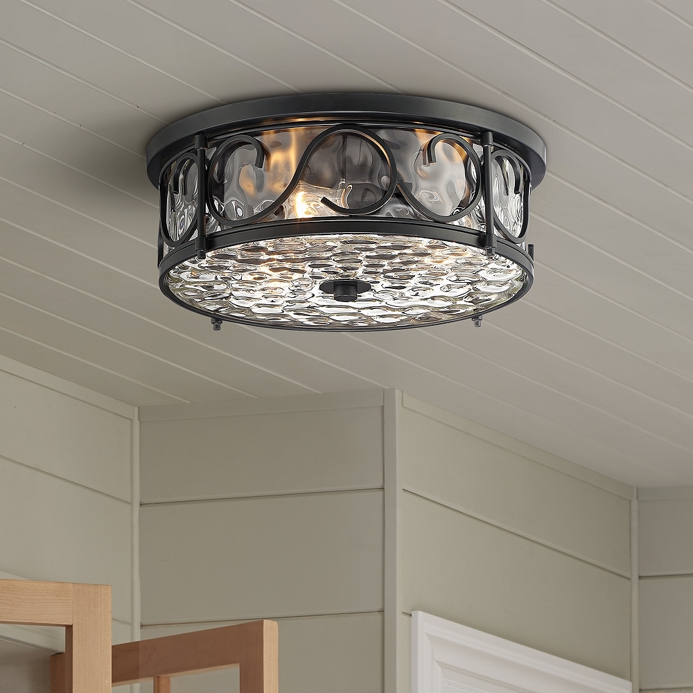 Paseo 17" Wide Hammered Glass Matte Black Outdoor Ceiling Light - Image 0