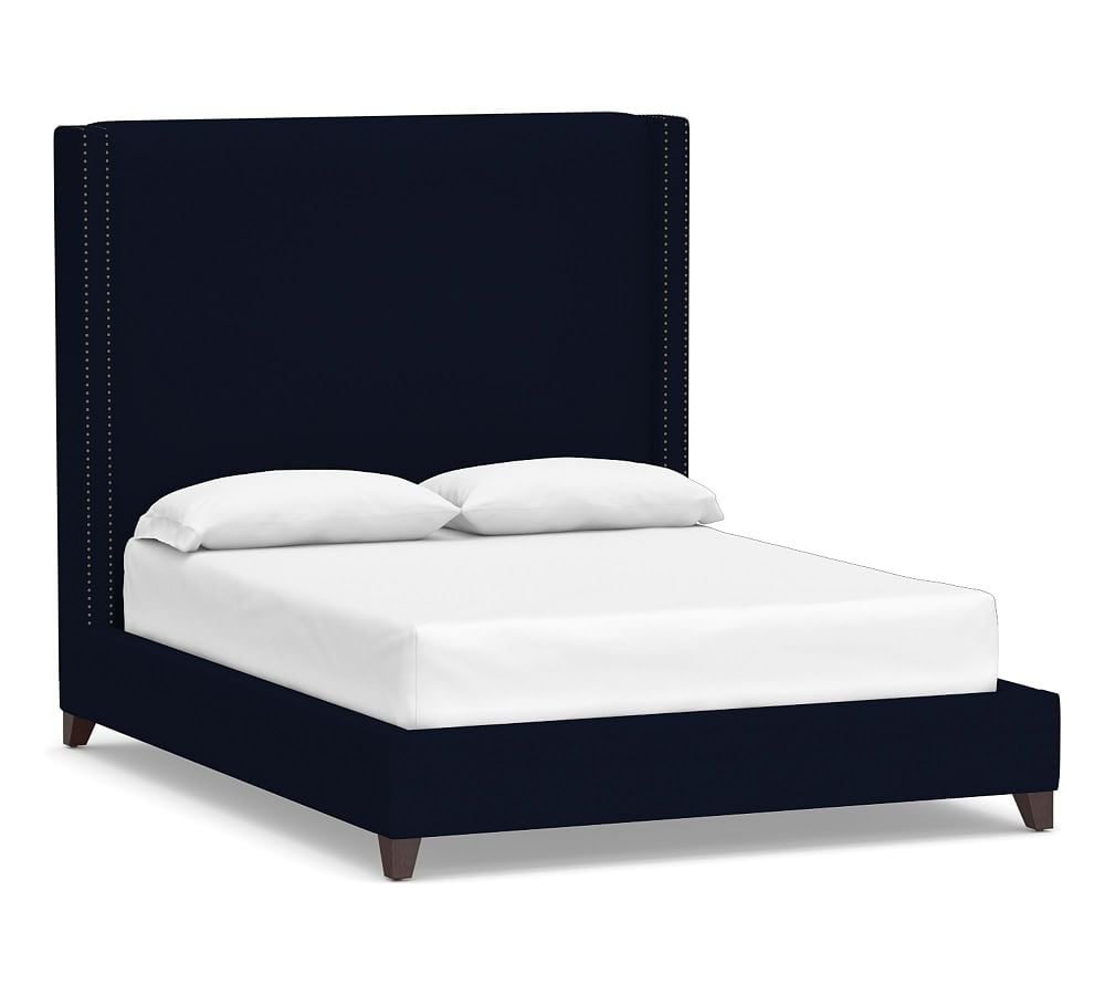 Harper Non-Tufted Upholstered Tall Bed with Bronze Nailheads, California King, Performance Everydaylinen(TM) by Crypton(R) Home Navy - Image 0