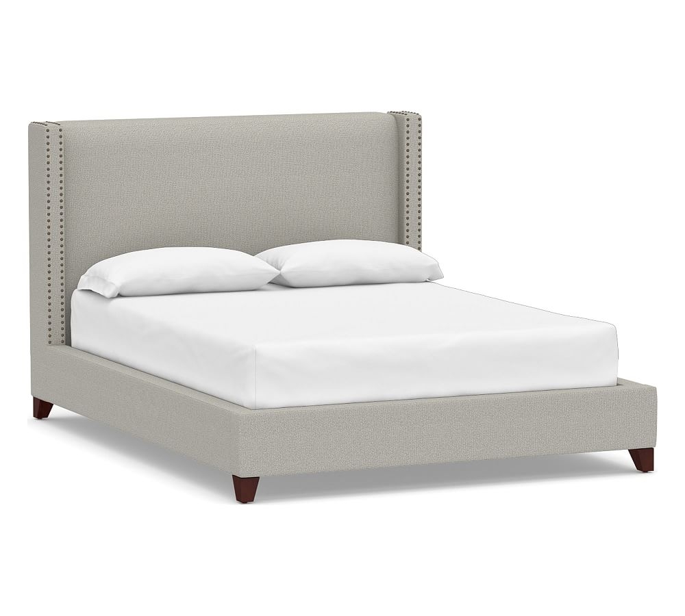 Harper Non-Tufted Upholstered Low Bed with Bronze Nailheads, Full, Performance Boucle Pebble - Image 0