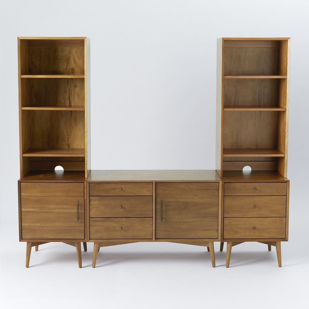 Mid-Century Media Without Hutch, Acorn (Small Console, 3-Drawer Base, 1 Door Base, 2 Narrow Hutches) - Image 0