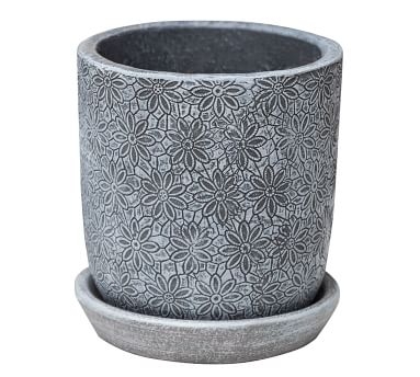 Alena Glazed Pottery Planter, Etched Gray - Round Short - Image 5