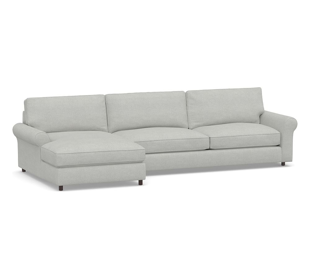 PB Comfort Roll Arm Upholstered Right Arm Sofa with Double Chaise Sectional, Box Edge Down Blend Wrapped Cushions, Basketweave Slub Ash - Image 0