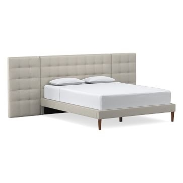 Grid Tufted Low Wide Bed, Queen, Performance Velvet, Stone - Image 1
