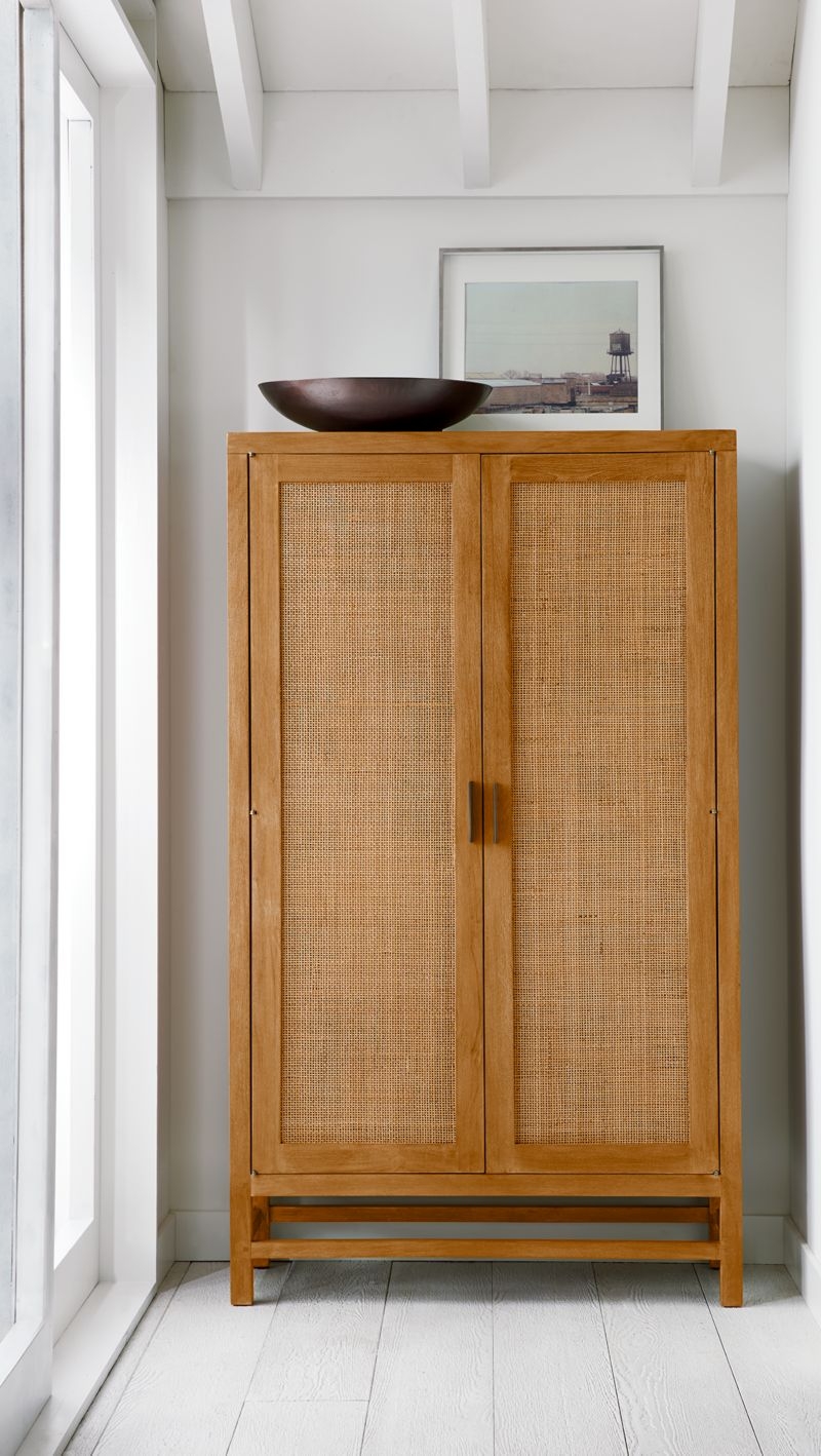 Blake Light Brown Teak and Rattan 2-Door Storage Cabinet - Image 1