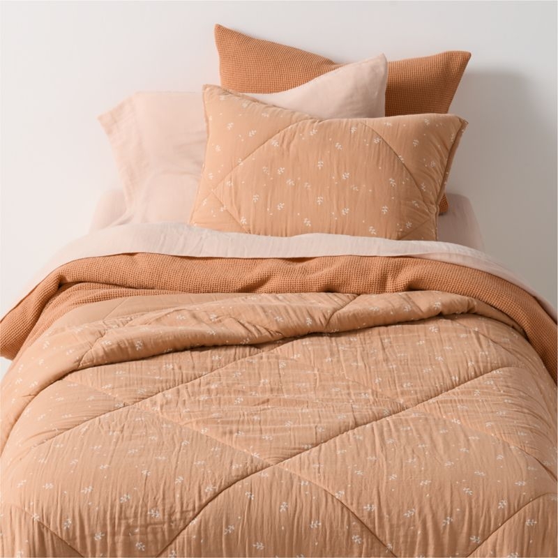 Supersoft Terracotta Leaf Print Organic Cotton Gauze Kids Quilted Pillow Sham - Image 1