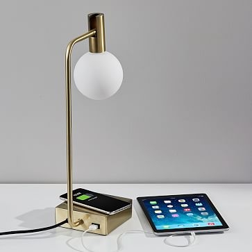 Modern Deco LED Charging Table Lamp + USB, Brass - Image 1