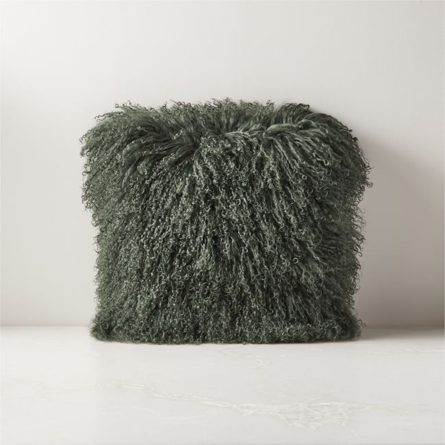 Mongolian Green Sheepskin Fur Throw Pillow with Feather-Down Insert 16" - Image 0