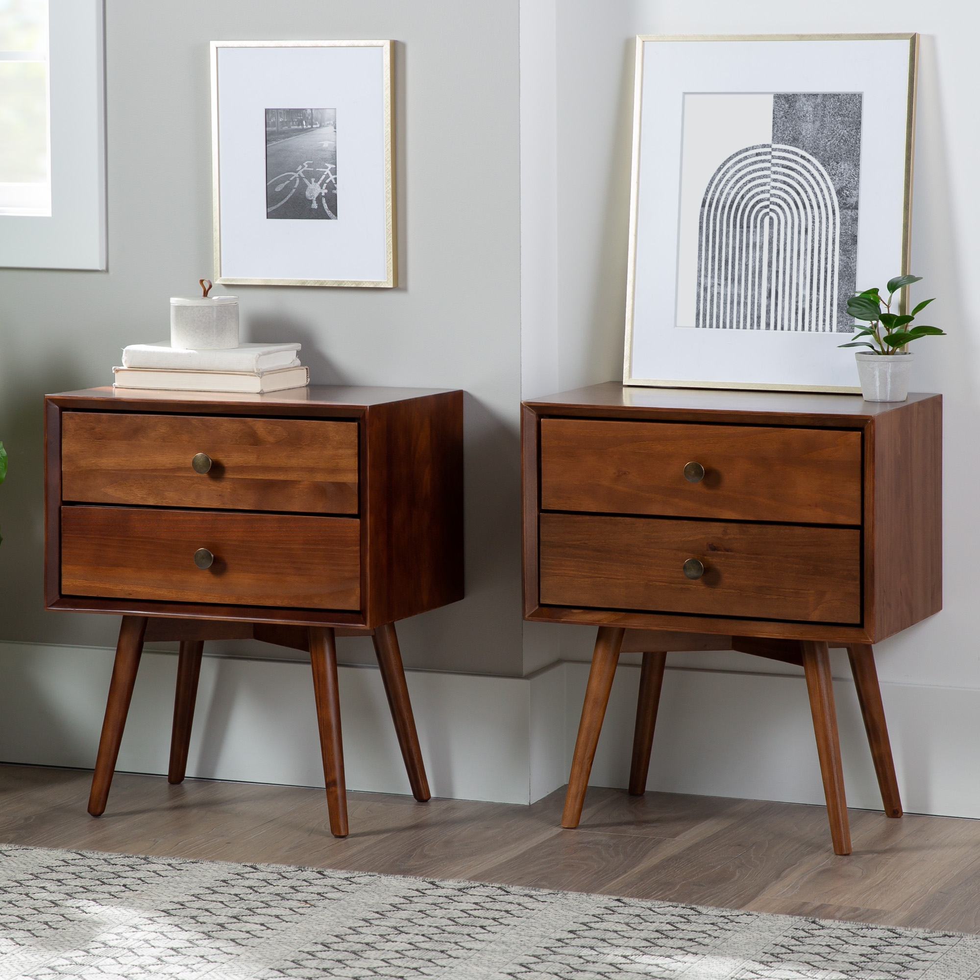 Mid Century Modern 2-Piece 2 Drawer Solid Wood Nightstand Set - Walnut - Image 4