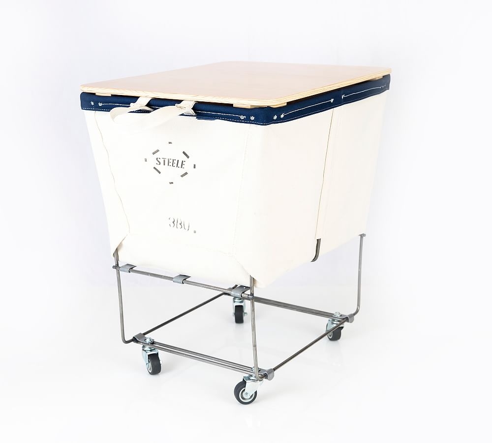 Elevated Canvas Laundry Basket with Wheels and Lid, Small, Natural Canvas/Navy Canvas Trim - Image 0