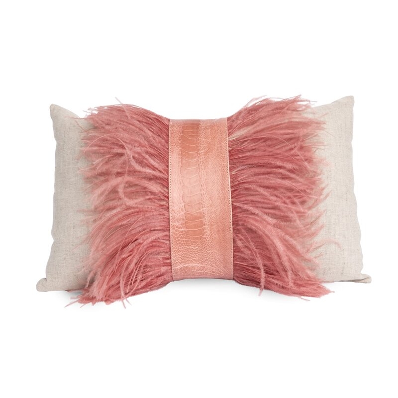 Ngala Trading Co. Linen Lumbar Pillow with Ostrich Feather Trim - Image 0