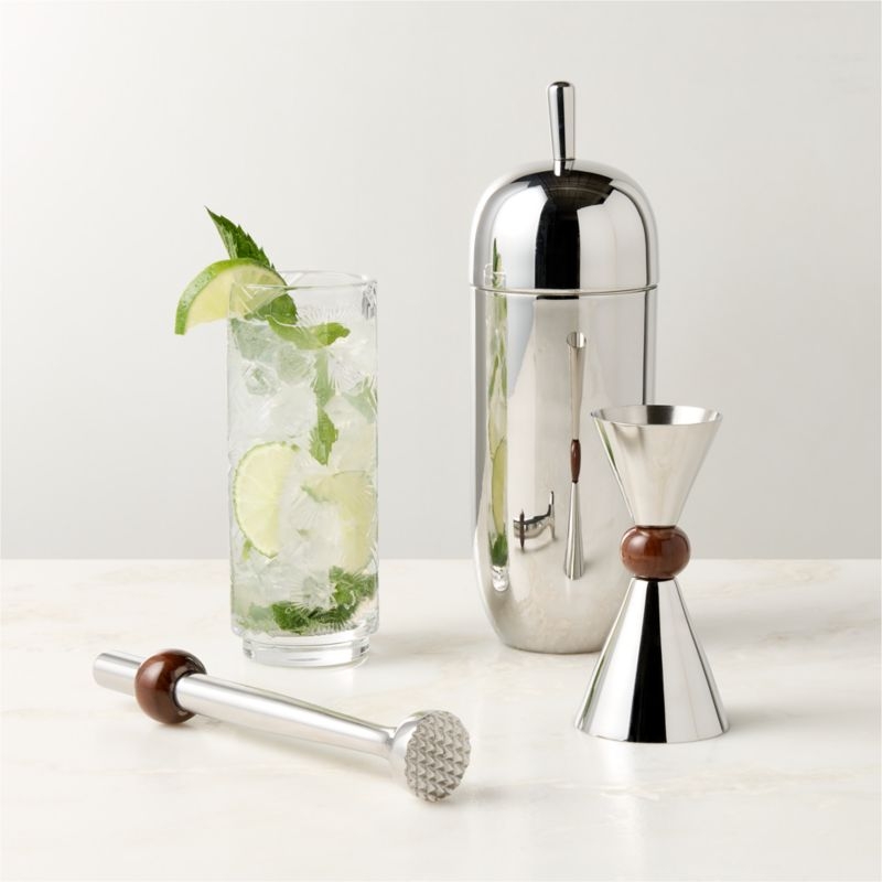 Kalman Polished Stainless Steel and Walnut Wood Bar Tools Set of 3 - Image 1