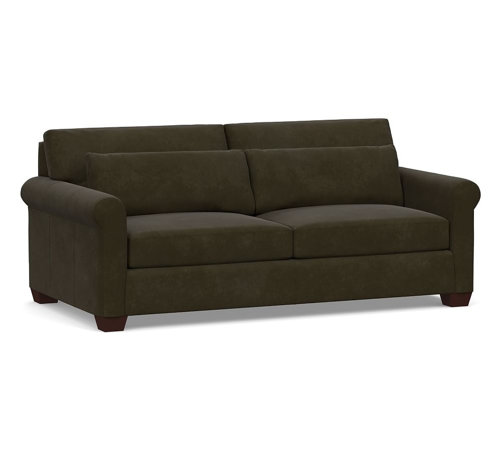 York Deep Seat Roll Arm Leather Sofa 83", Polyester Wrapped Cushions, Aviator Blackwood - Image 0