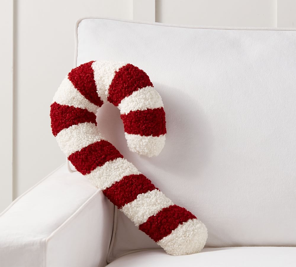 Cozy Teddy Faux Fur Candy Cane Shaped Pillow, 20 x 3.5", Cardinal/Ivory - Image 0