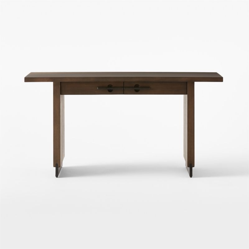 Stilt 2-Drawer Fumed Oak Wood Desk - Image 1