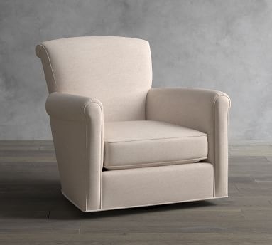 Irving Roll Arm Upholstered Swivel Armchair, Polyester Wrapped Cushions, Performance Boucle Pebble - Image 1