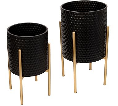 Bella Black Patterned Raised Planters with Gold Stand, Set of 2 - Image 1