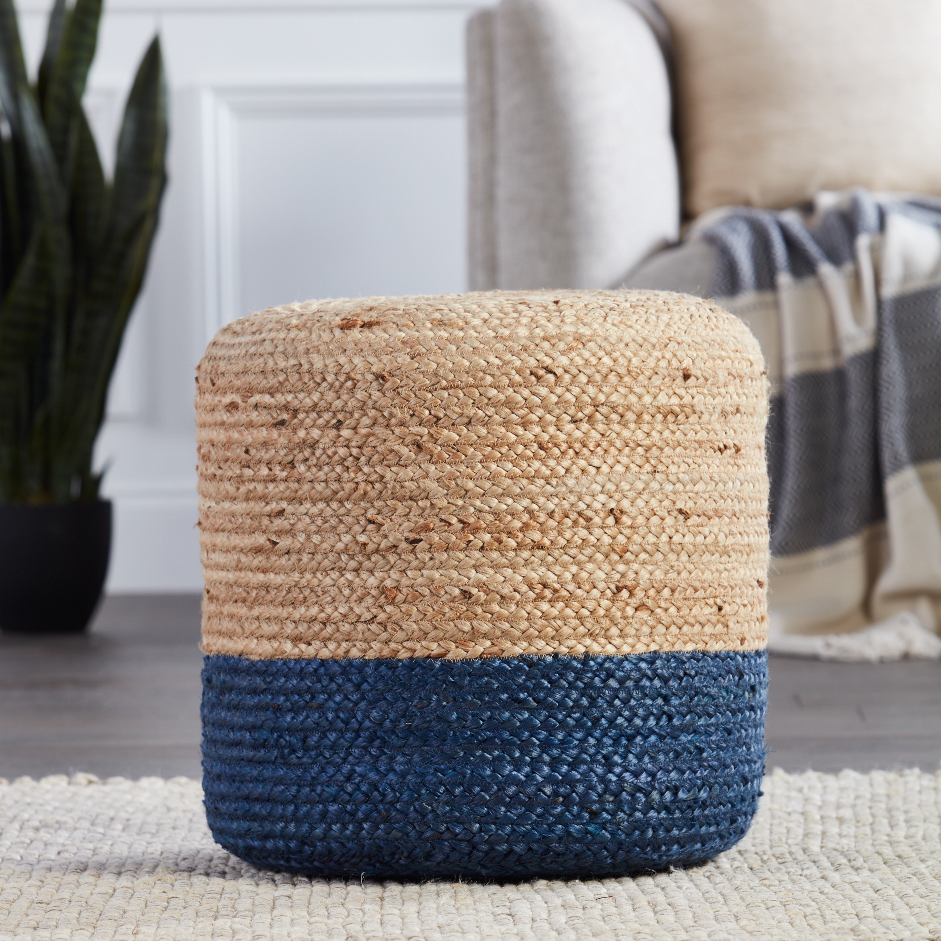 Saba Pouf Ombre Cylinder Pouf, Blue & Natural - Image 1