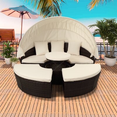 70.9" Wide Outdoor Patio Sectional Sofa Set Rattan Daybed Sunbed With Retractable Canopy And Cushions - Image 0