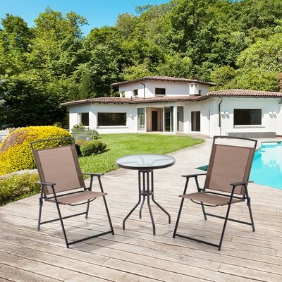 3pcs Patio Bistro Set With 2 Folding Chairs & Table Outdoor Dining Furniture W/ Round Textured Tempered Glass Tabletop, Rust-free Steel Frame, Space Saving For Balcony, Yard - Image 0