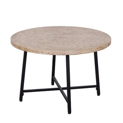 Travertine Stone-Look Concrete Round Coffee Table With Steel Base - Image 0