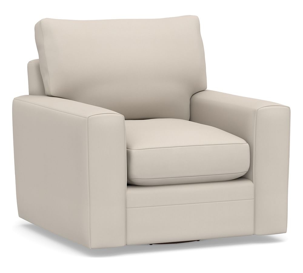 Pearce Modern Square Arm Upholstered Swivel Armchair, Down Blend Wrapped Cushions, Performance Twill Stone - Image 0