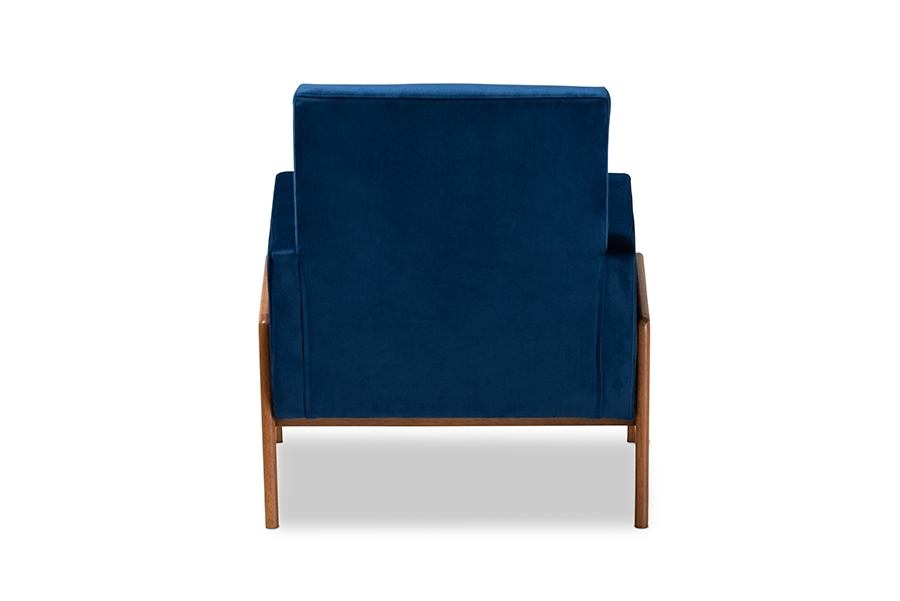 Perris Mid-Century Modern Navy Blue Velvet Fabric Upholstered and Walnut Brown Finished Wood Lounge Chair - Image 4