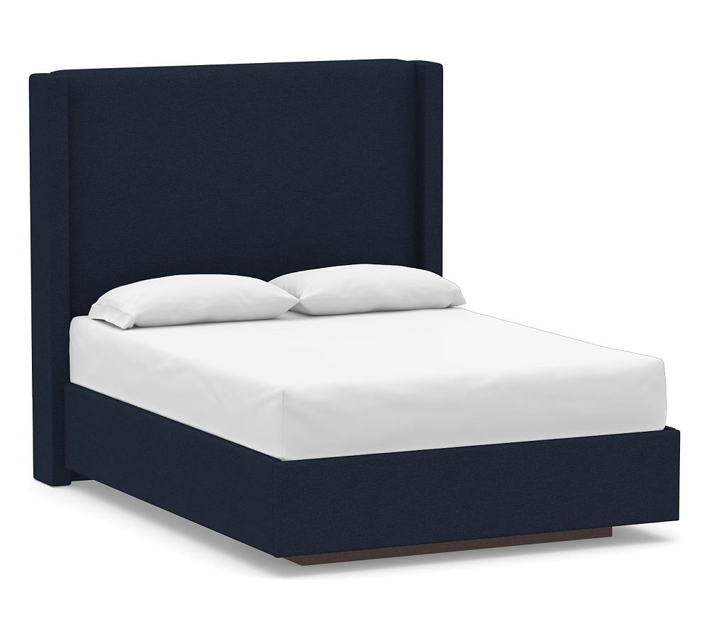 Harper Non-Tufted Upholstered Tall Headboard with Footboard Storage Platform Bed & without Nailheads, Full, Performance Heathered Basketweave Navy - Image 0