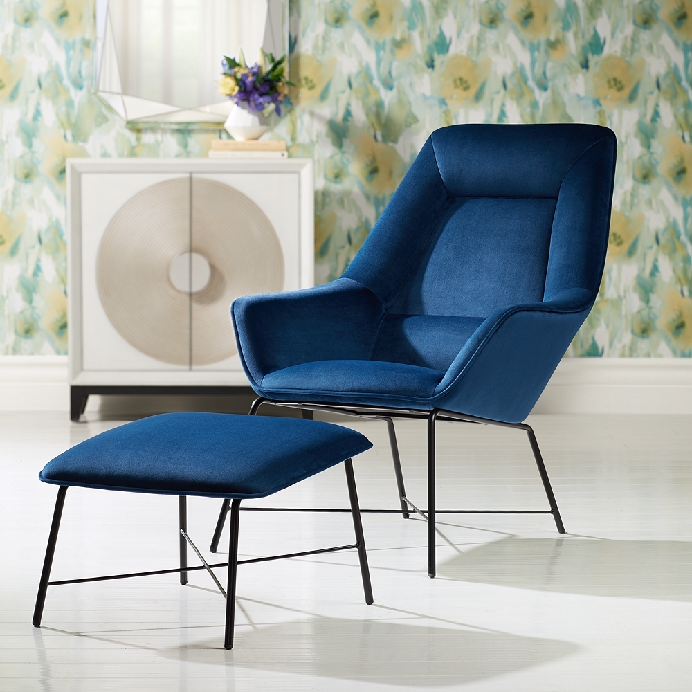 Hemingway Blue Velvet Lounge Chair with Ottoman - Style # 77N81 - Image 0